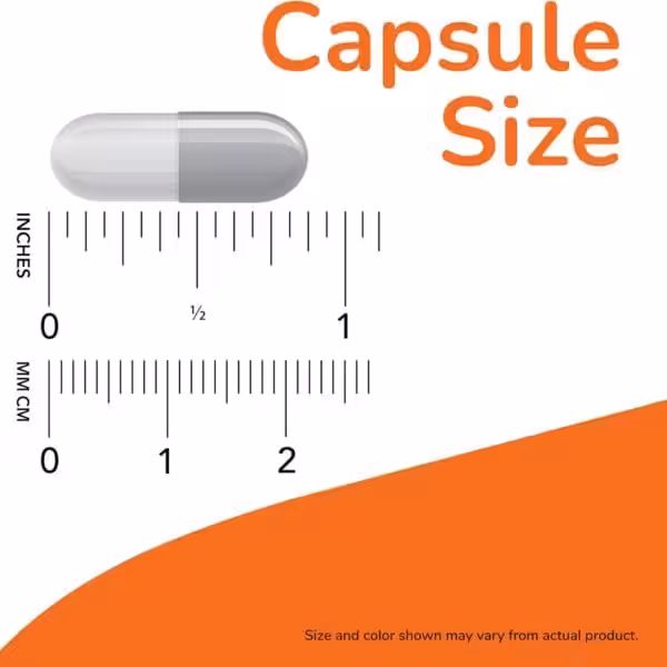 Capsule size diagram showing the capsule is approximately 7/8 inch or 23 mm long