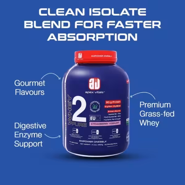 Apex Vitals Whey 2 Pure: Clean isolate blend for faster absorption with 30g protein, grass-fed whey, and digestive enzymes
