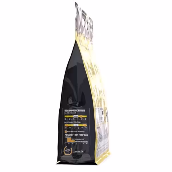 Side of protein powder bag showing recommended use timelines for workouts and meals, and protein absorption profiles