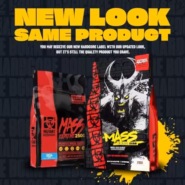 New look, same product. Announcement that Mutant Mass Extreme 2500 has updated packaging with a new hardcore label