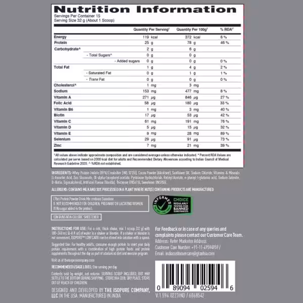 Nutrition facts for protein powder: 119 calories and 25g protein per 32g scoop. Includes ingredients and usage instructions