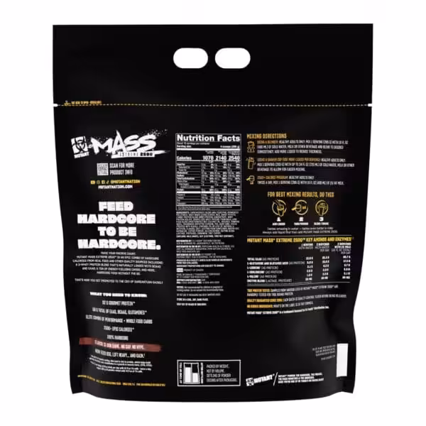 Back of Mutant Mass Extreme 2500 packaging featuring nutrition facts, ingredients, mixing directions, and amino acid profile