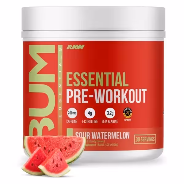 BUM Raw Essential Pre-Workout, Sour Watermelon, 30 Servings. 200mg Caffeine, 4g L-Citrulline, 3.2g Beta Alanine