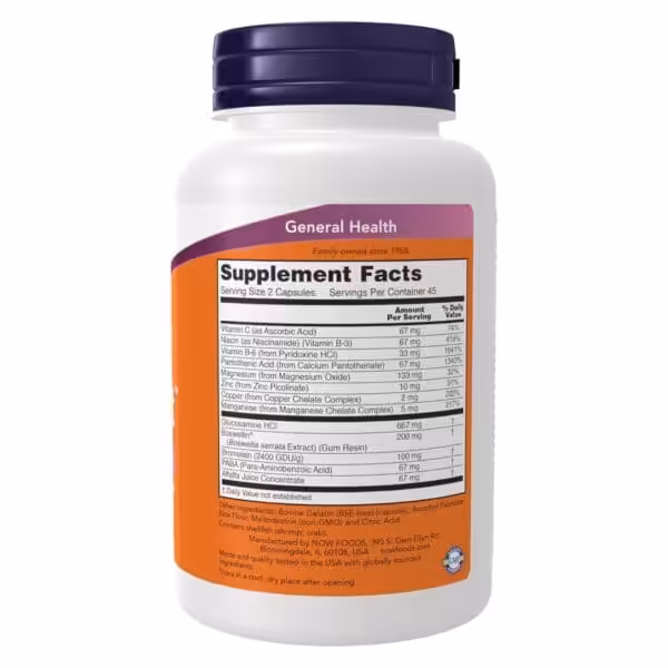 Supplement Facts label for NOW Foods General Health showing vitamins, minerals, and glucosamine content