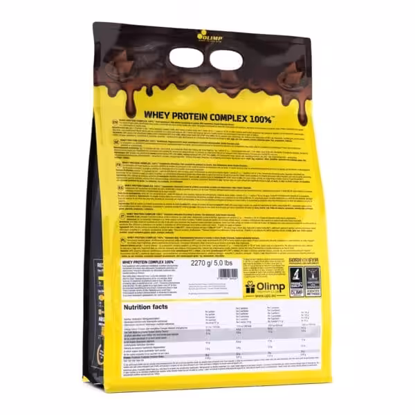 Back label of Olimp Whey Protein Complex 100% Double Chocolate, 5 lbs, with nutrition facts and ingredients