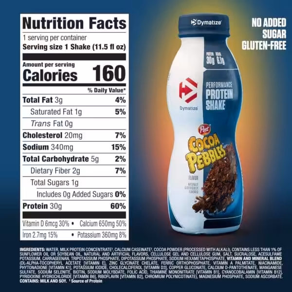 Dymatize Performance Protein Shake, Cocoa Pebbles flavor, 160 calories, 30g protein, no added sugar, gluten-free, 11.5 fl oz bottle