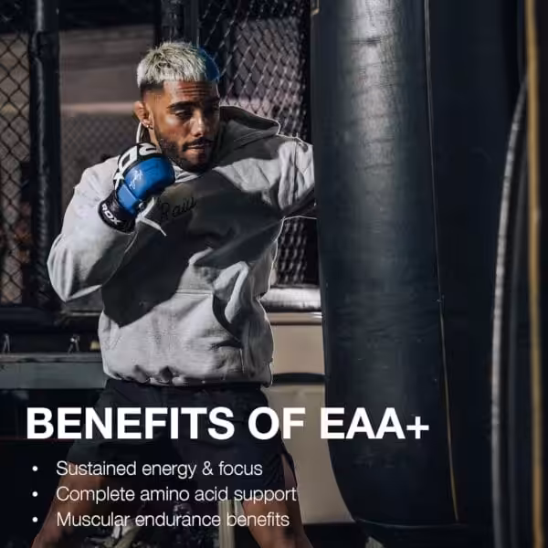 Benefits of EAA+: Sustained energy & focus, Complete amino acid support, Muscular endurance benefits