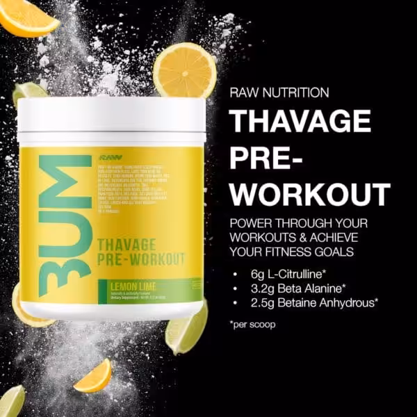 Raw Nutrition Thavage Pre-Workout Lemon Lime. Contains 6g L-Citrulline, 3.2g Beta Alanine, and 2.5g Betaine Anhydrous per scoop