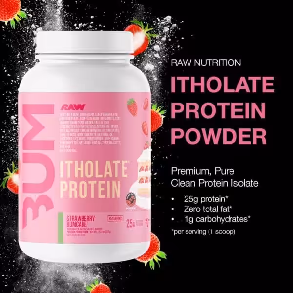 Raw Nutrition Itholate Protein Powder, Strawberry Bumcake flavor. 25g protein, 0g fat, 1g carbs per serving