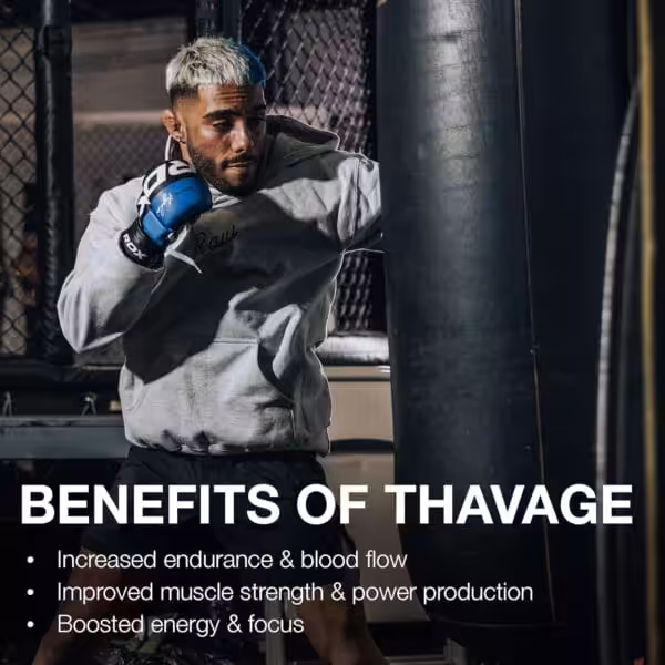 Benefits of Thavage: Increased endurance & blood flow, improved muscle strength & power production, boosted energy & focus
