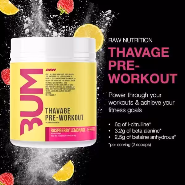 Raw Nutrition Thavage Pre-Workout Raspberry Lemonade. 6g l-citrulline, 3.2g beta alanine, 2.5g betaine anhydrous per serving