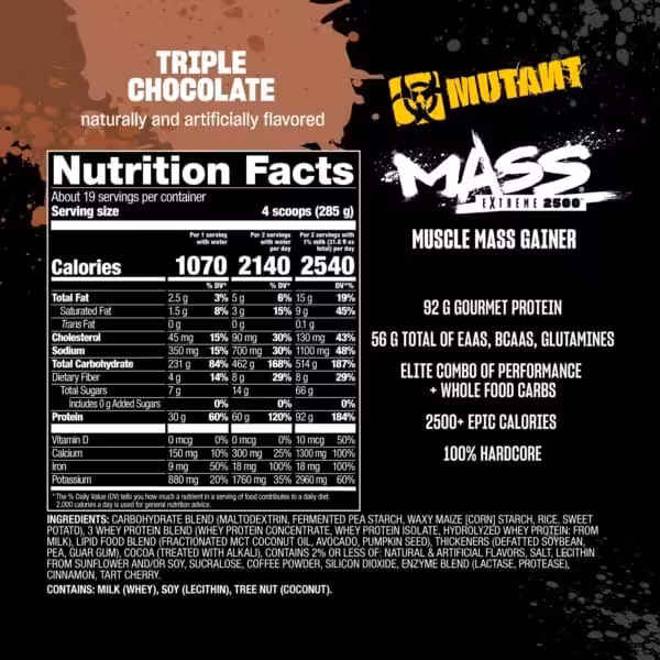 Nutrition facts for Mutant Mass Extreme 2500 Triple Chocolate, providing 1070 calories and 30g protein per serving