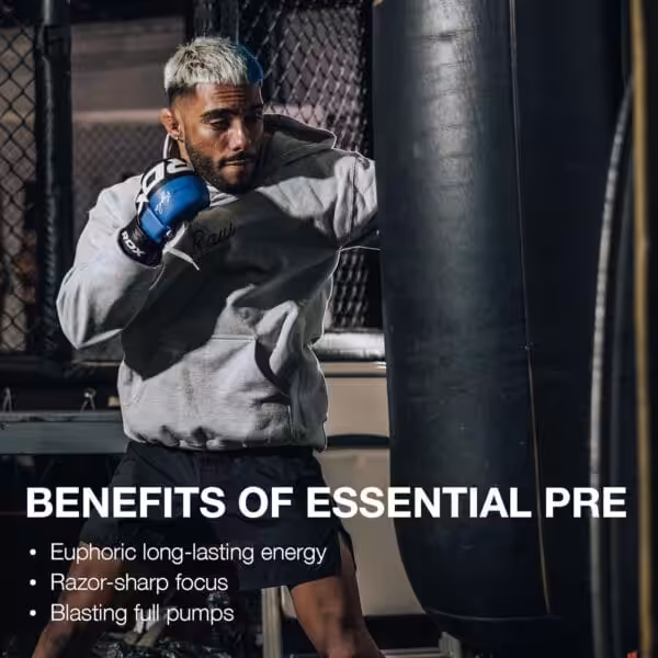 Man hitting a punching bag. Text: Benefits of Essential Pre: Euphoric energy, razor-sharp focus, blasting full pumps