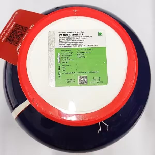 Label for Whey 2 Pure, 4lbs/1.8kg, distributed by JV Nutrition LLP. Origin: EU. FSSAI: 10017022005877. Code: 17974102