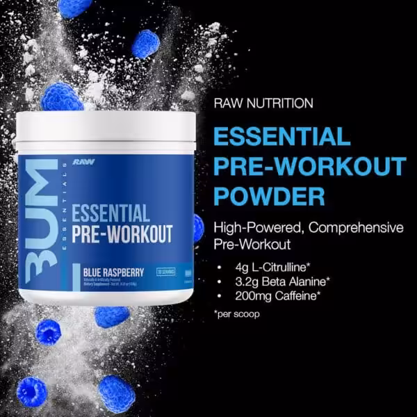 Raw Nutrition Essential Pre-Workout Powder, Blue Raspberry. 4g L-Citrulline, 3.2g Beta Alanine, 200mg Caffeine per scoop
