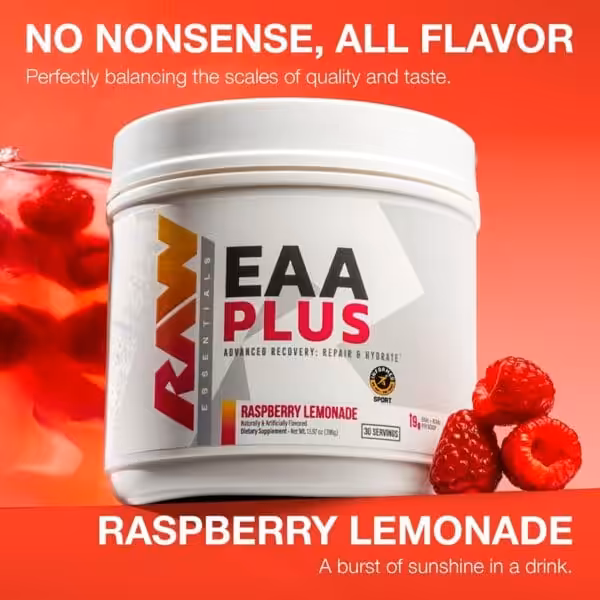 RAW Essentials EAA PLUS Raspberry Lemonade supplement. No nonsense, all flavor. A burst of sunshine in a drink