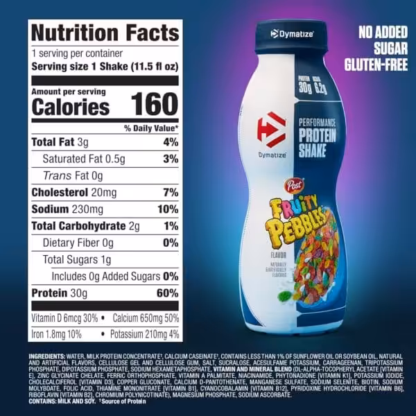 Dymatize Performance Protein Shake, Fruity Pebbles flavor, 160 calories, 30g protein, no added sugar, gluten-free, 11.5 fl oz