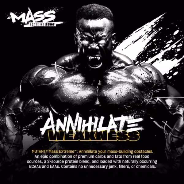 MUTANT Mass Extreme 2500: Annihilate Weakness. Mass-building supplement with carbs, fats, protein, BCAAs, and EAAs