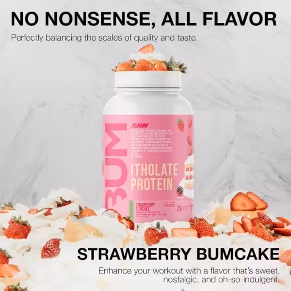 BUM Itholate Protein Strawberry Bumcake flavor. 25g protein per scoop. No nonsense, all flavor