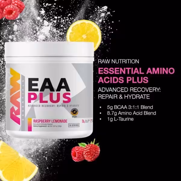 Raw Nutrition EAA Plus Raspberry Lemonade: 5g BCAA 3:1:1 blend, 8.7g amino acid blend, and 1g L-Taurine
