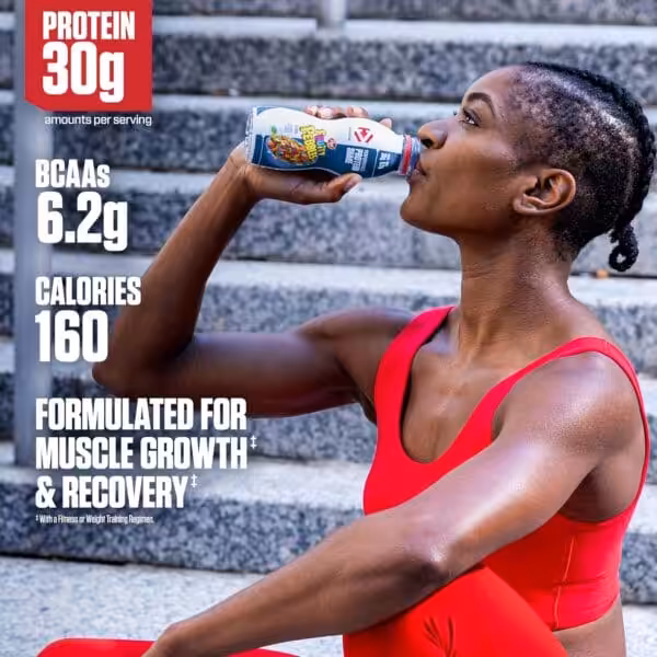 Athlete drinking a Fruity Pebbles protein shake; 30g protein, 6.2g BCAAs, 160 calories, formulated for muscle growth and recovery