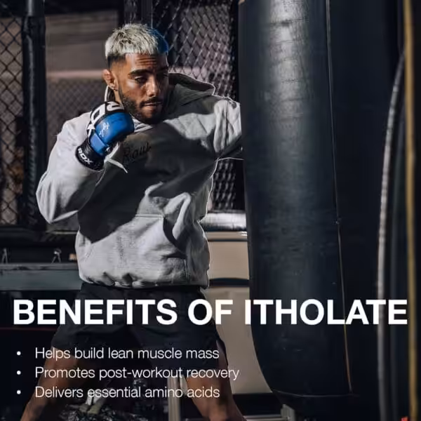 Benefits of Itholate: build lean muscle, post-workout recovery, and essential amino acids. Man training with a heavy bag