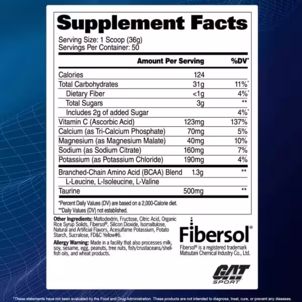 Supplement Facts panel: serving size 1 scoop (36g), 50 servings, 124 calories, 31g carbs, Vitamin C 137% DV, BCAA blend 1.3g, Taurine 500mg. Contains allergens
