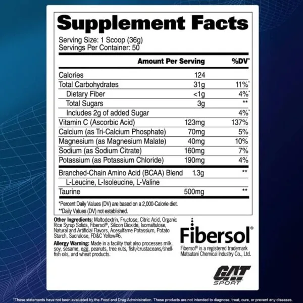 Supplement Facts panel: serving size 1 scoop (36g), 50 servings, 124 calories, 31g carbs, Vitamin C 137% DV, BCAA blend 1.3g, Taurine 500mg. Contains allergens