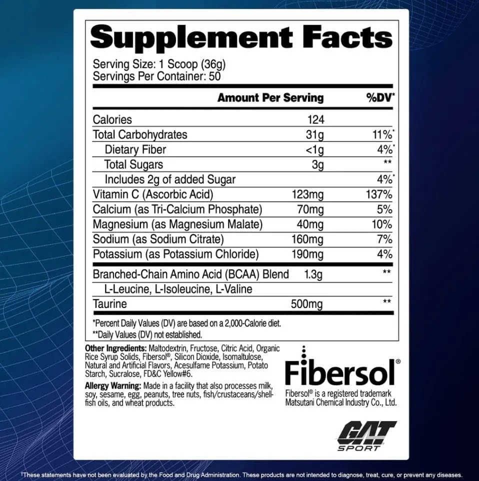 Supplement Facts panel: serving size 1 scoop (36g), 50 servings, 124 calories, 31g carbs, Vitamin C 137% DV, BCAA blend 1.3g, Taurine 500mg. Contains allergens