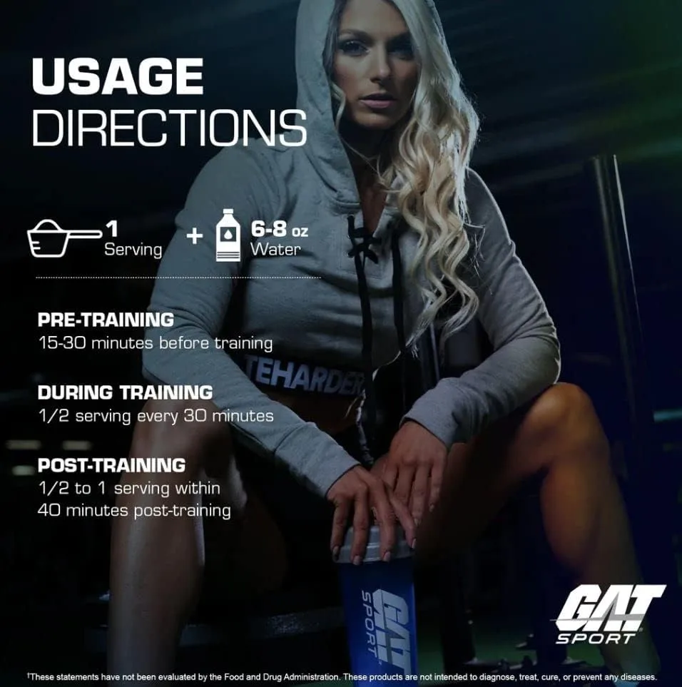 GAT Sport usage directions: mix 1 serving with 6–8 oz water. Pre-training: 15–30 min before. During: 1/2 serving every 30 min. Post: 1/2–1 serving within 40 min