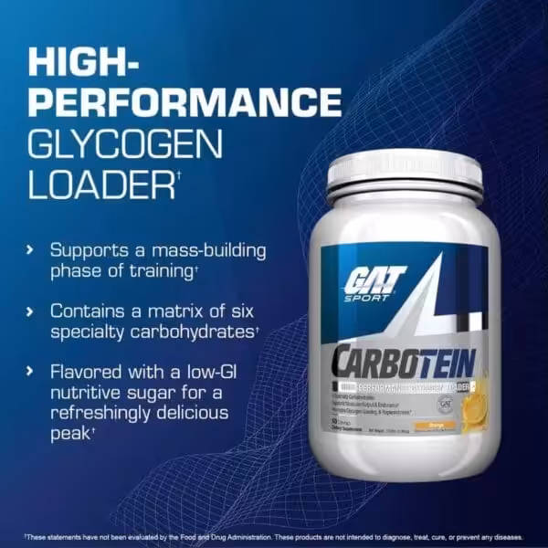 GAT Sport Carbotein High-Performance Glycogen Loader supplement in Orange flavor, 50 servings, 3.97 lbs container