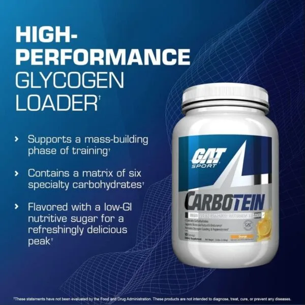 GAT Sport Carbotein High-Performance Glycogen Loader supplement in Orange flavor, 50 servings, 3.97 lbs container
