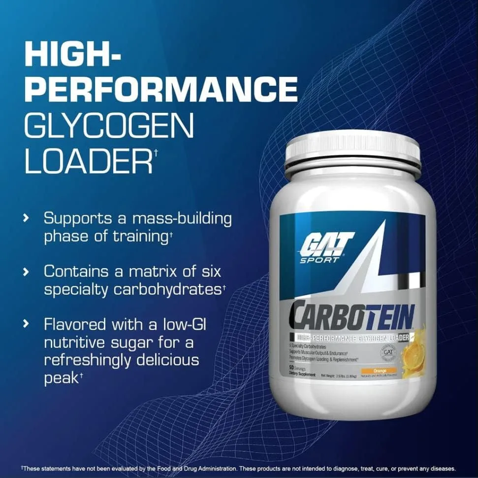 GAT Sport Carbotein High-Performance Glycogen Loader supplement in Orange flavor, 50 servings, 3.97 lbs container