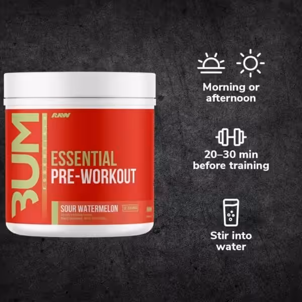 BUM Essential Pre-Workout, Sour Watermelon. Take morning or afternoon, 20-30 min before training, stir into water
