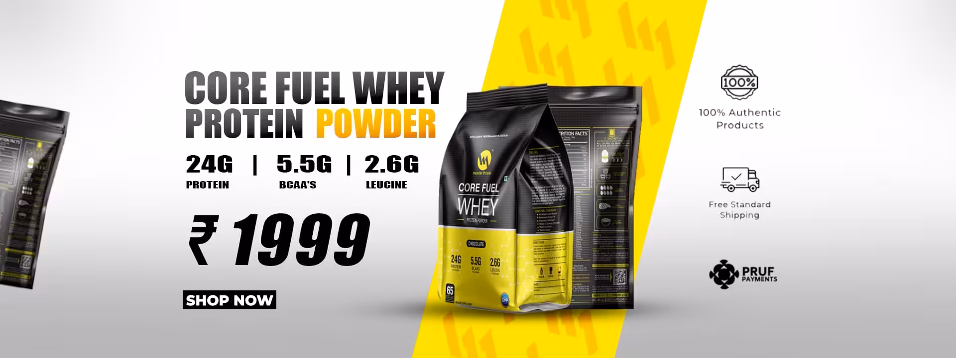 Core Fuel Whey Protein Powder: 24g protein, 5.5g BCAAs, 2.6g leucine. Price: ₹1999. Shop now