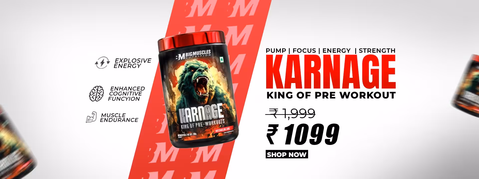 Karnage Pre-Workout by BigMuscles Nutrition for energy and focus. Now ₹1099. Shop Now