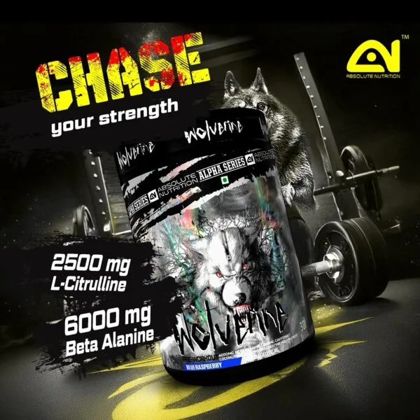 Absolute Nutrition Wolverine Pre-workout, Blue Raspberry, with 2500mg L-Citrulline and 6000mg Beta Alanine