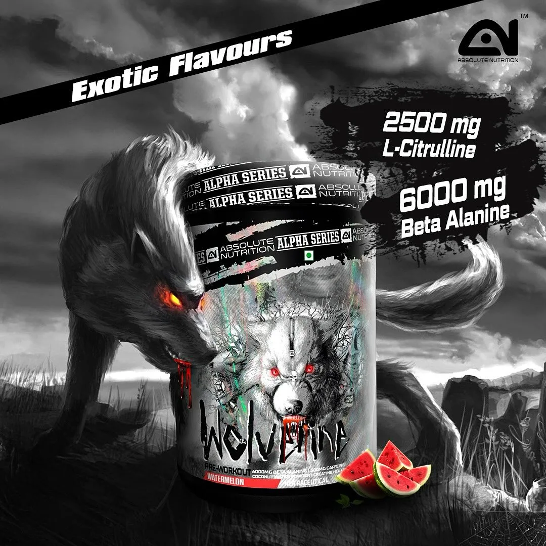 Absolute Nutrition Wolverine Pre-Workout, Watermelon flavor, with 2500mg L-Citrulline and 6000mg Beta Alanine
