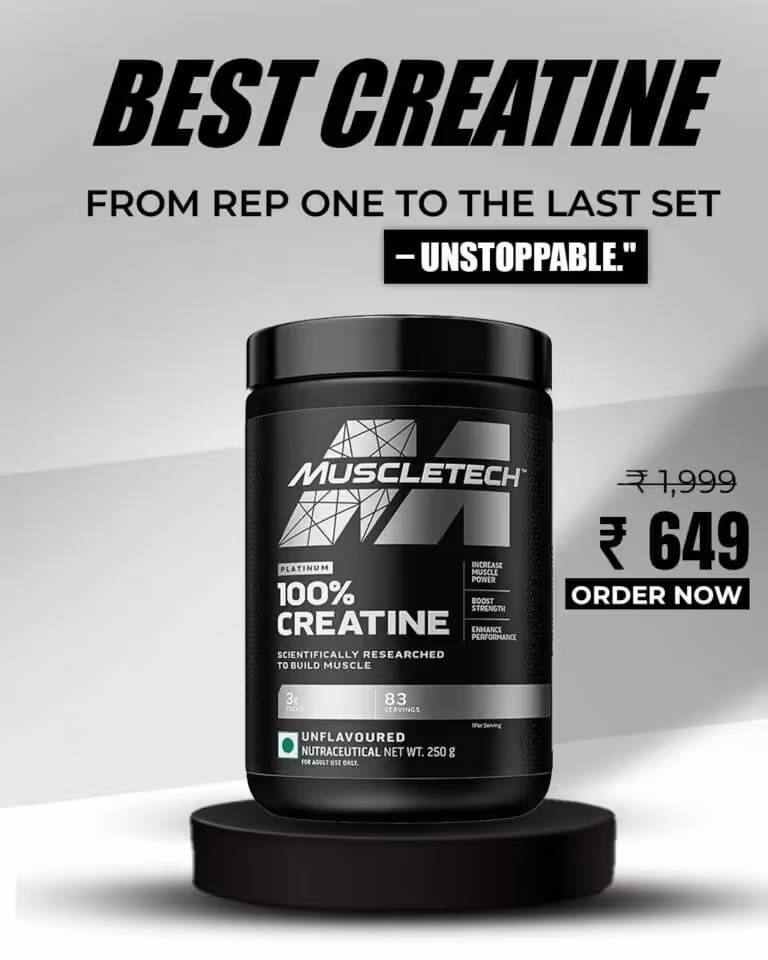 MuscleTech Platinum 100% Creatine, 250g, 83 servings, unflavoured. Price: ₹649. Order Now