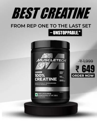 MuscleTech Platinum 100% Creatine, 250g, 83 servings, unflavoured. Price: ₹649. Order Now