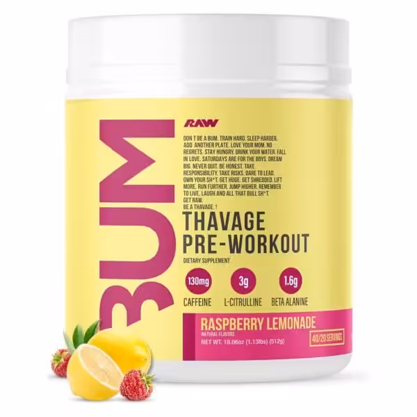 Raw Thavage Pre-Workout, Raspberry Lemonade flavor, 1.13 lbs tub with 130mg caffeine, 3g L-citrulline, and 1.6g beta alanine