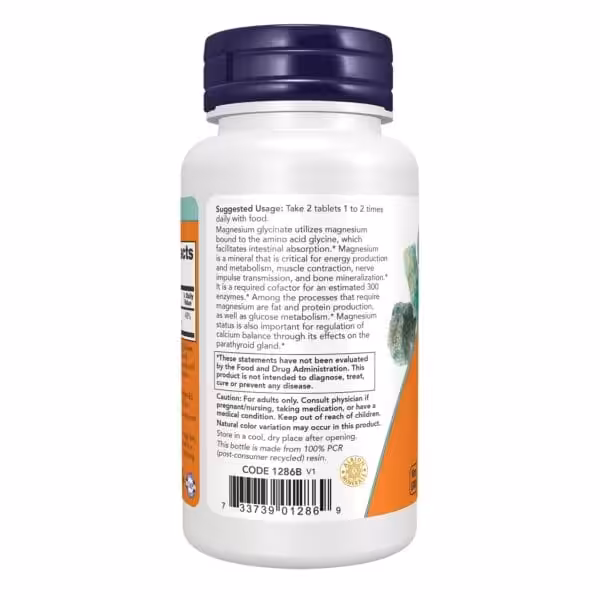 Back label of Magnesium Glycinate supplement bottle showing usage directions, product description, cautions, and barcode