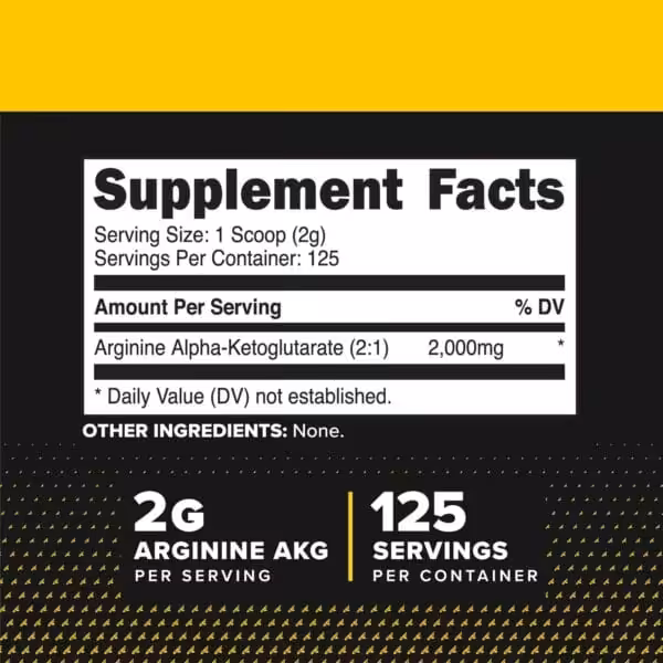 Supplement Facts: Serving Size 1 Scoop (2g), 125 servings per container. Arginine Alpha-Ketoglutarate (2:1) 2,000mg per serving