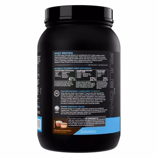 Rule One Proteins Whey Protein back label showing amino acid profile, quality commitment, and banned substance testing details, Chocolate Peanut Butter flavor