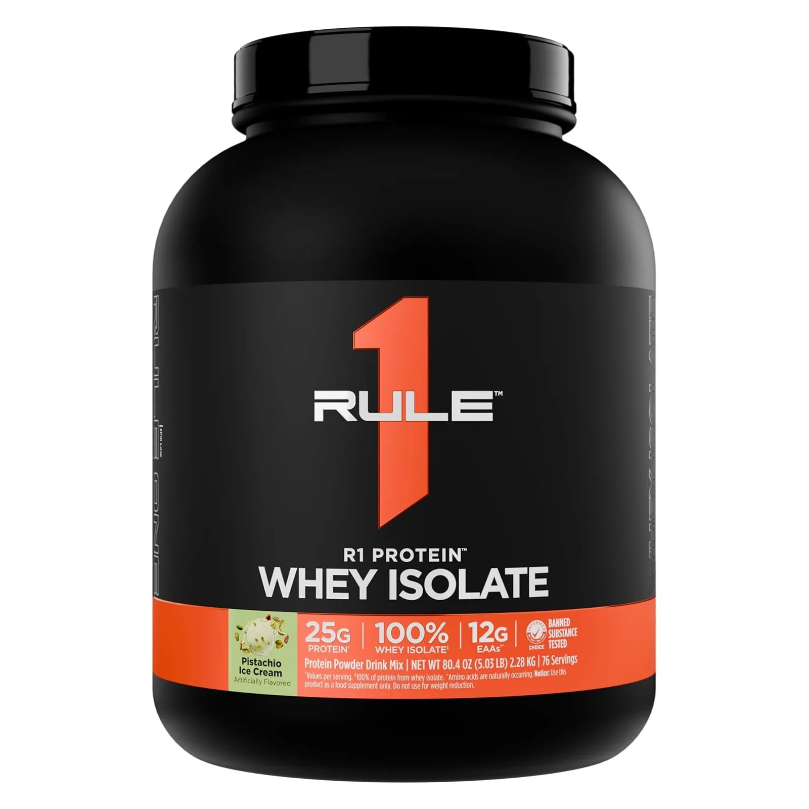 Rule 1 R1 Protein Whey Isolate, Pistachio Ice Cream, 5.03 lbs. 25g protein, 100% whey isolate, 12g EAAs