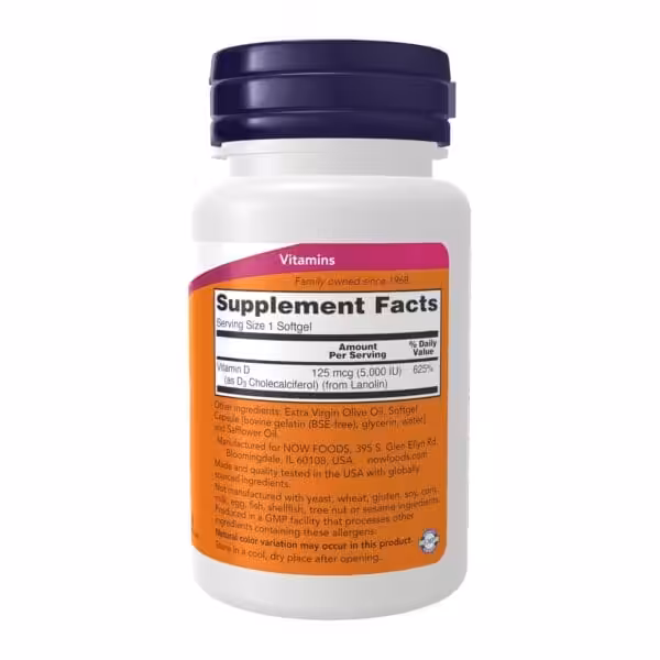 Back label of NOW Foods Vitamin D3 5,000 IU softgels showing supplement facts: 125 mcg per softgel, 625% daily value, from Lanolin
