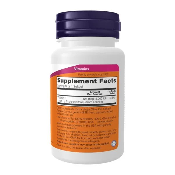 Back label of NOW Foods Vitamin D3 5,000 IU softgels showing supplement facts: 125 mcg per softgel, 625% daily value, from Lanolin