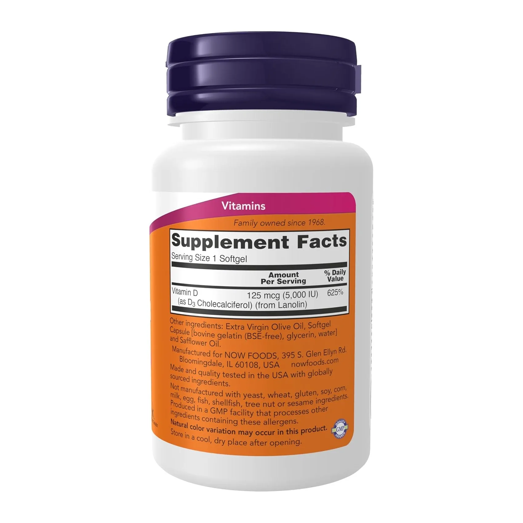 Back label of NOW Foods Vitamin D3 5,000 IU softgels showing supplement facts: 125 mcg per softgel, 625% daily value, from Lanolin