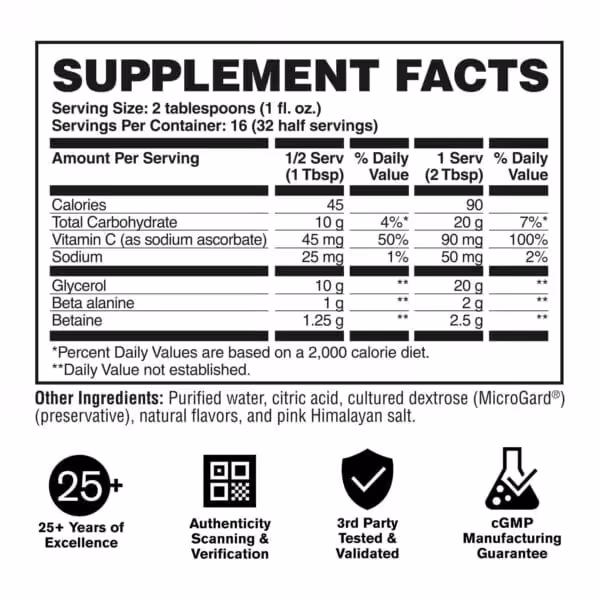 Supplement Facts label: serving size 2 tablespoons (1 fl. oz.), 16 servings per container. Per full serving: 90 calories, 20g carbohydrates, 90mg Vitamin C, 50mg sodium, 20g glycerol, 2g beta alanine, 2.5g betaine. Other ingredients: purified water, citric acid, cultured dextrose, natural flavors, pink Himalayan salt. Badges: 25+ Years of Excellence, Authenticity Scanning and Verification, 3rd Party Tested and Validated, cGMP Manufacturing Guarantee