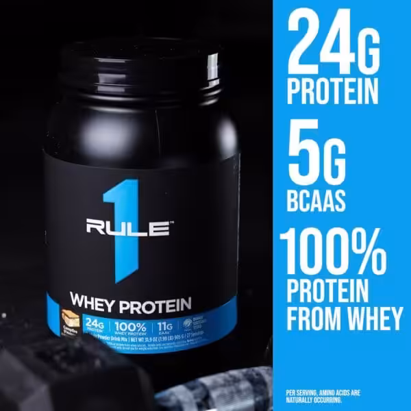 Rule 1 Whey Protein tub in Campfire S'mores flavor: 24g protein, 5g BCAAs, 100% protein from whey per serving